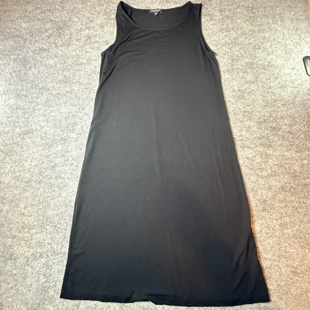Eileen Fisher Black Rayon Lycra Sleeveless Scoop Neck Midi Shift Dress XS